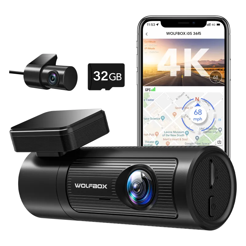 Wolfbox I05 App kontrol 4k Wifi takip sistemi Video kaydedici çift Lens ile siyah araba araç içi kamera GPS