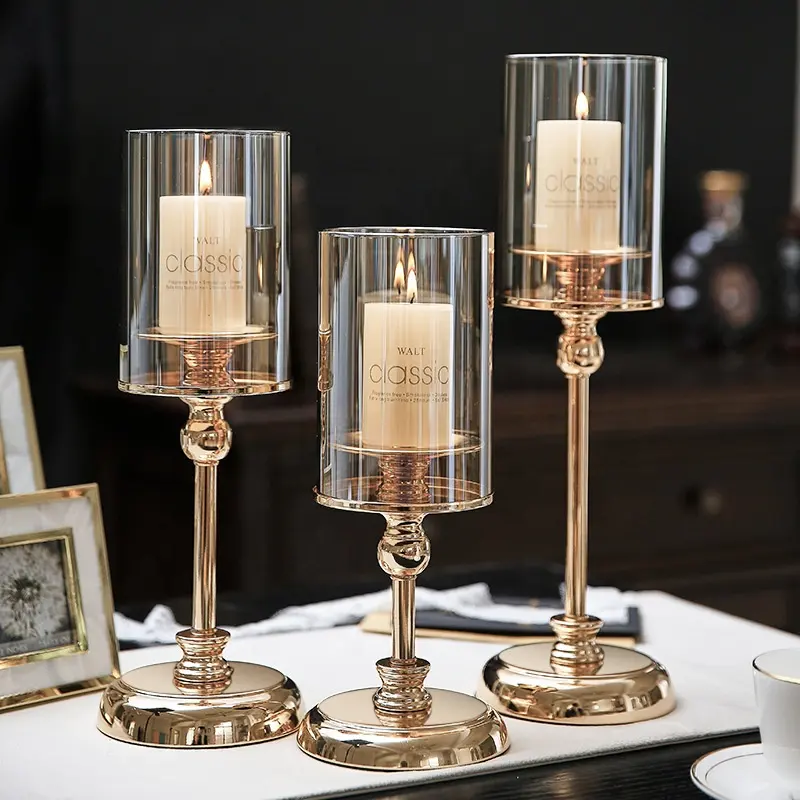 Bougeoirs en or pour décoration de centre de table Vintage de luxe en métal et verre