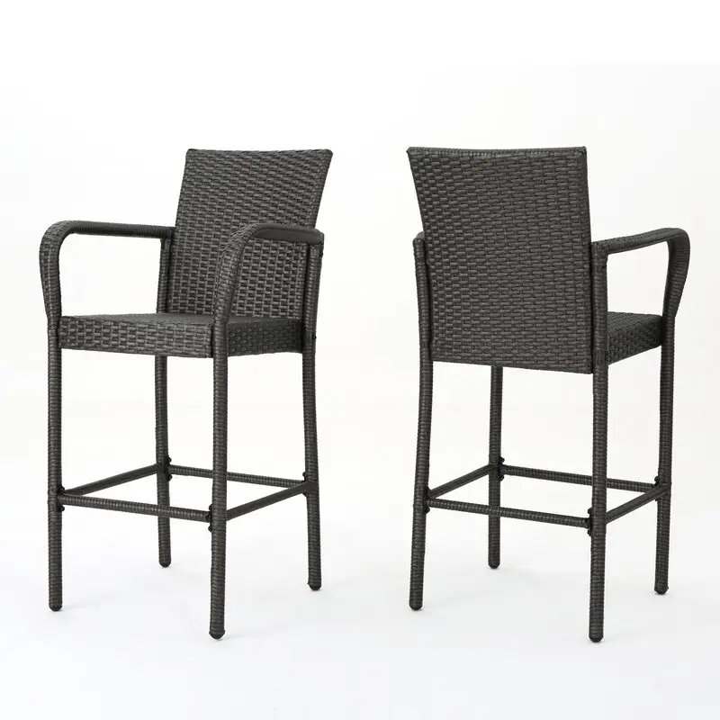 Patio mimbre Taburetes de bar de ratán sillas de bar Juego de 2, muebles de exterior sillas de comedor altas con reposapiés y reposabrazos
