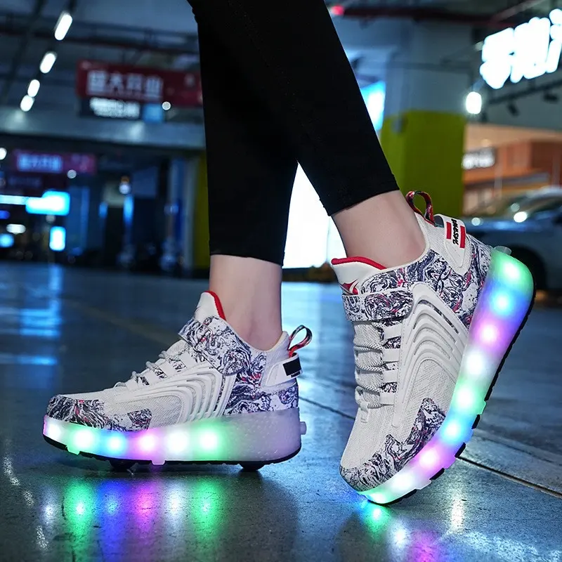 Zapatos enrollables ligeros para niños y niñas, zapatillas de Patinaje con rueda de malla brillante, LED brillante, recargable por USB, informales