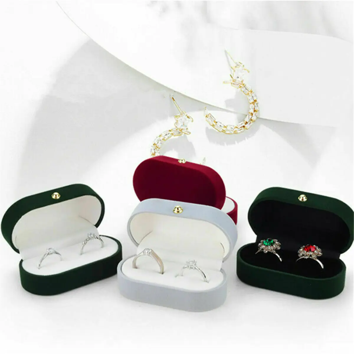 Joyero de terciopelo para mujer, caja de soporte para joyas de boda, caja de anillos dobles, organizador de regalo, embalaje