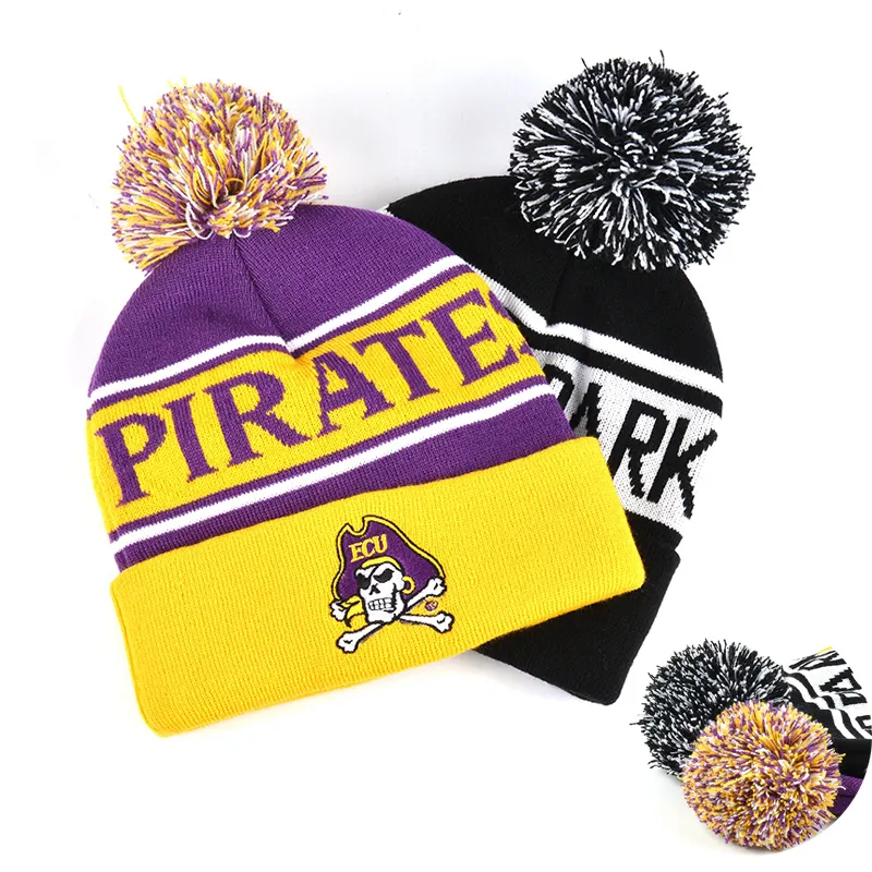 Chapeau d'hiver personnalisé avec motifs Jacquard, tricoté, à la mode, Logo brodé, pour le Football, bonnet avec pommes