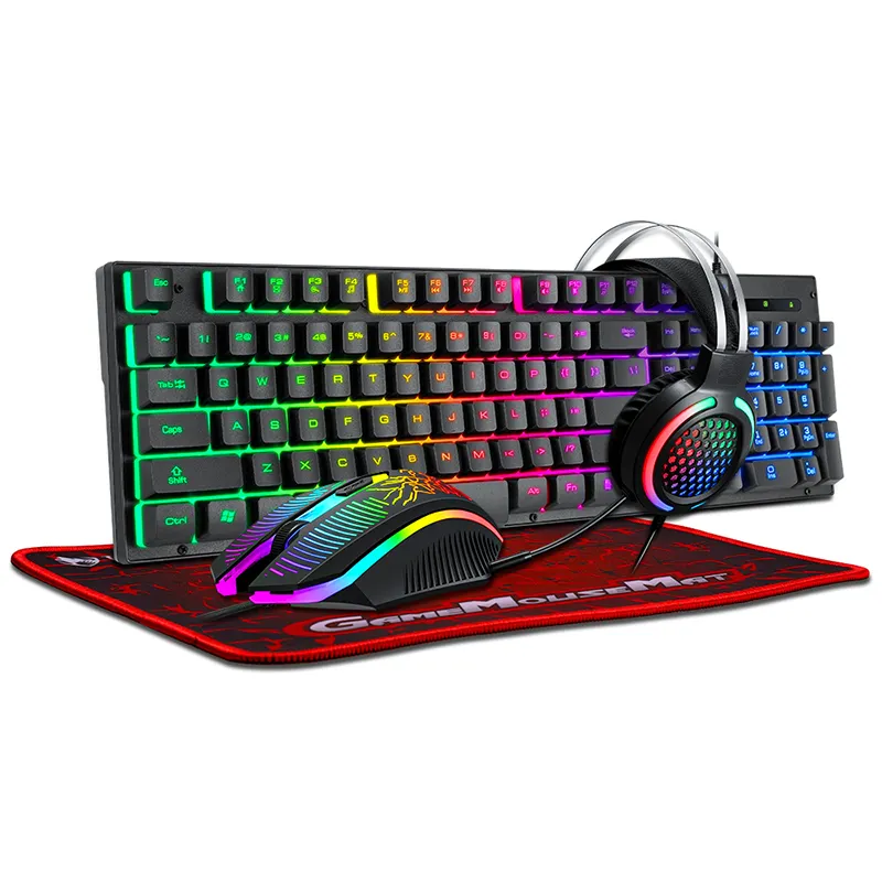 2.4G 4 in 1 tastiera Mouse cuffie Mousepad combo sensazione meccanica set da gioco tastiera retroilluminata RGB Mouse ottico da 1600 DPI