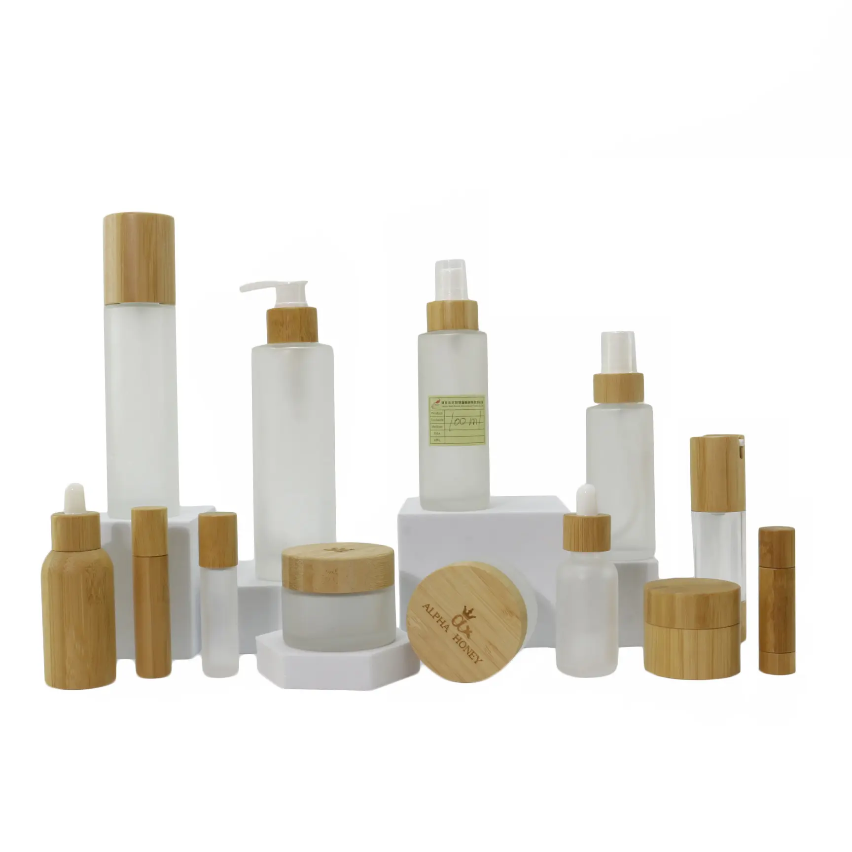 Empty wholesale clear frosted cosmetic bamboo packaging cream jar and bamboo lotion pump bottle roll on bottle BGJ-888S