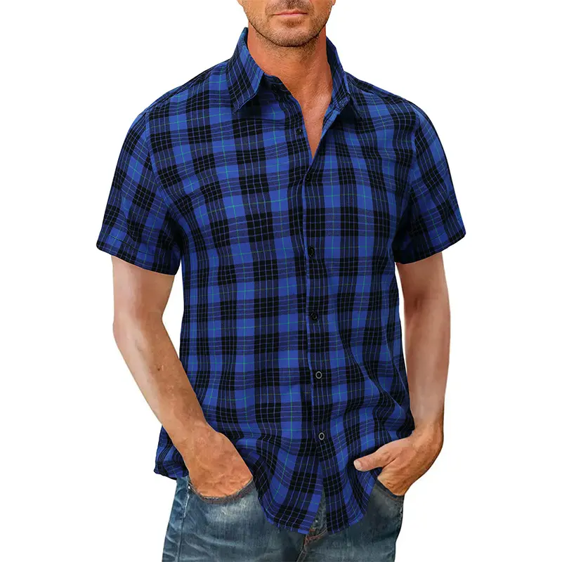 Chemises à carreaux Sortie d'usine Stock Chemises britanniques décontractées à manches courtes et col carré pour hommes