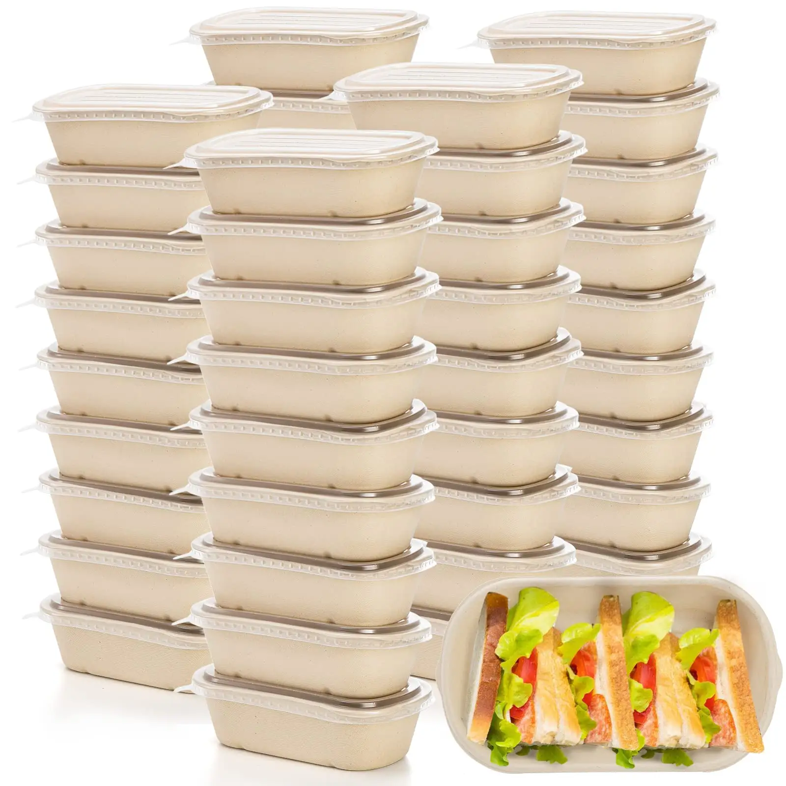 Temizle kapaklı Compostable 2 bölme kare kaseler çevre dostu konteyner dikdörtgen şeker kamışı 300ml Bagasse Taco Bento kutusu