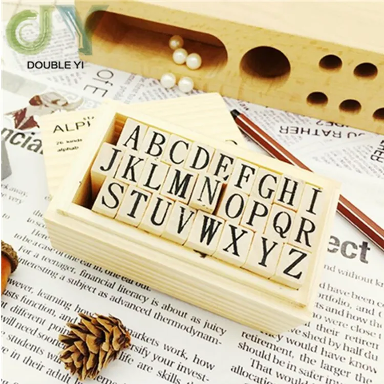 Diseño personalizado diario bricolaje decoración clásico 26 letras de madera conjunto de sello