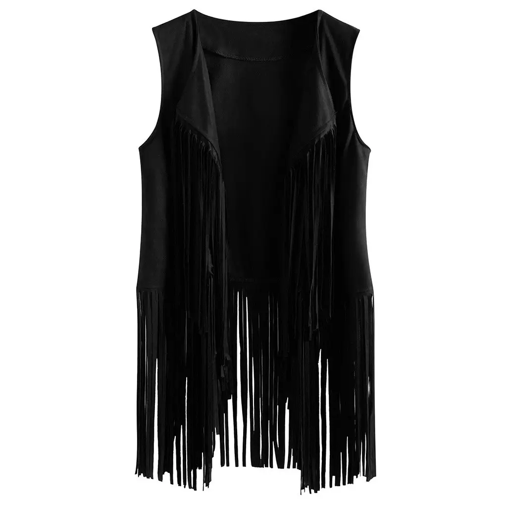 Cardigan Femme Sans Manches Veste en Cuir Faux Daim Style Moto Gilet Tops Fashion Imitation Ethnique Suede Tassel Fringe Vest