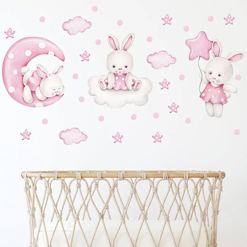 Stampa personalizzata all'ingrosso impermeabile cartone animato rosa coniglio luna stelle nuvole adesivi murali per la decorazione domestica camera dei bambini