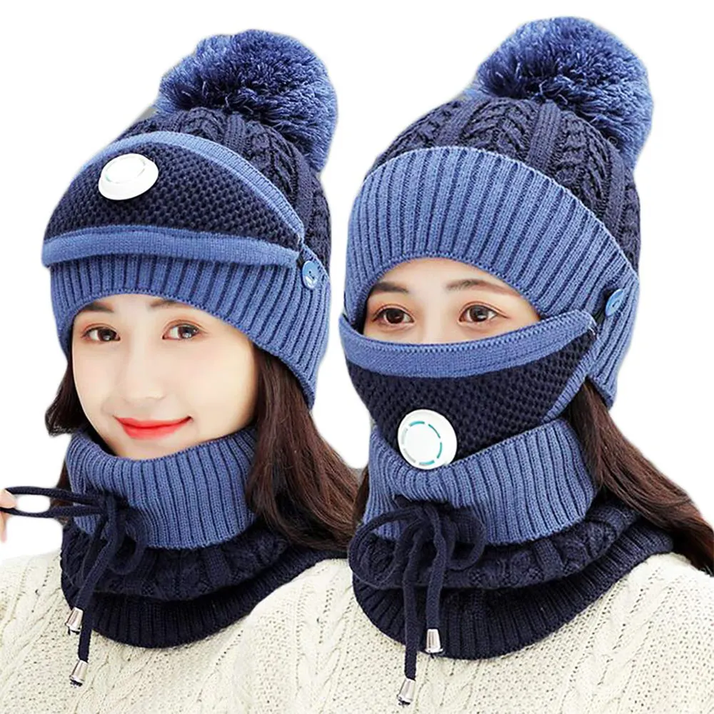 Femmes hiver chapeau écharpe masque 3 en 1 ensemble chapeau polaire doublé épaissi tricoté chaud bonnets chapeaux écharpes ensemble