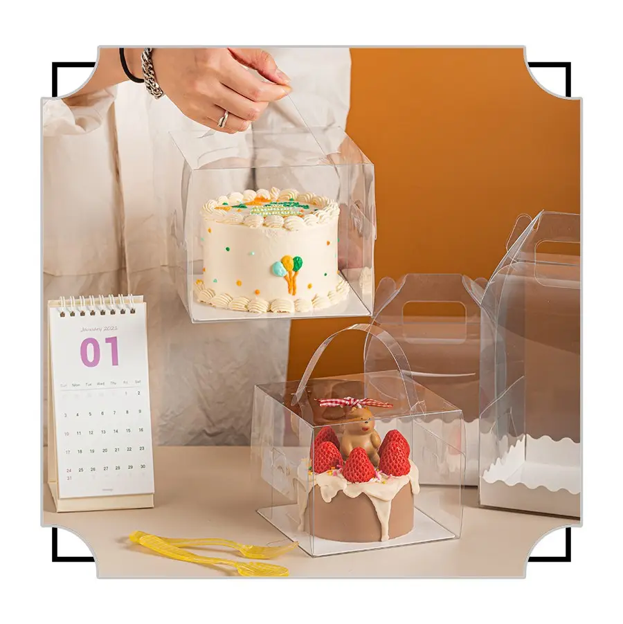 Bestverkopende Huisdier 4*5Inch Handvat Doorzichtige Cake Dessertdoos Met Basis-Ins Stijl Patisserie Verjaardagstaart Draagbare Verpakkingsbenodigdheden