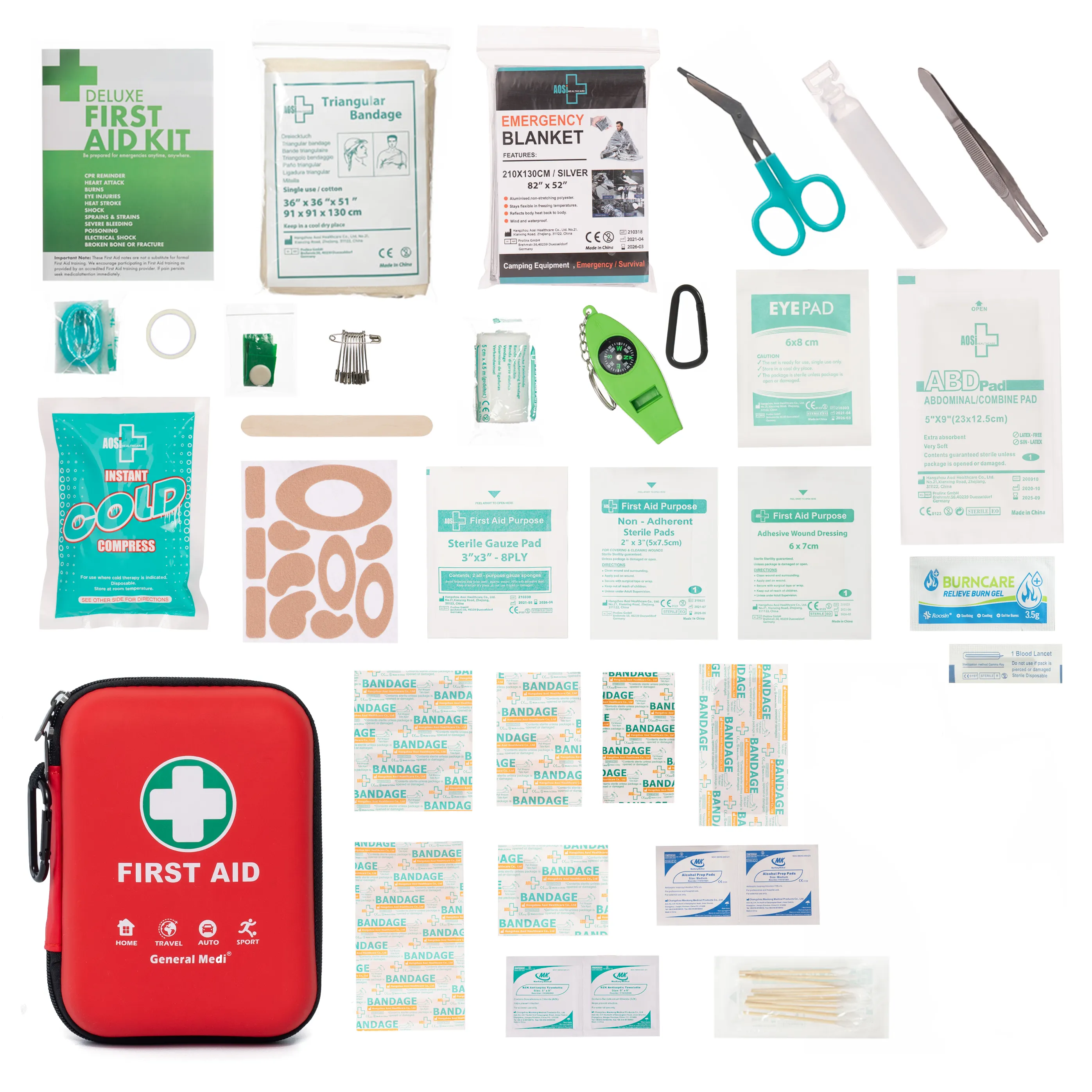 Estuche rígido portátil ligero de primeros auxilios, Kit de primeros auxilios rojo CE, botiquín de emergencia de viaje, suministros de dispositivos médicos