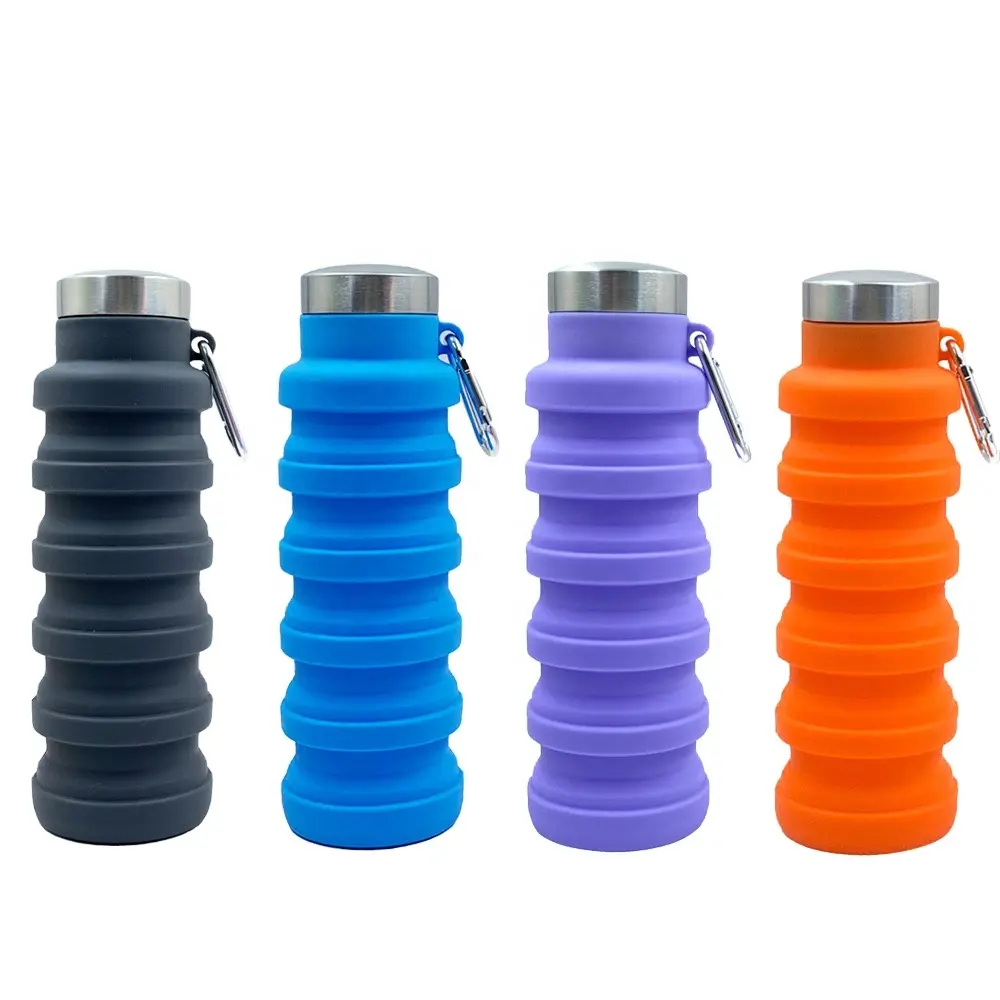 Botella de agua plegable de silicona reutilizable, sin BPA, con mosquetón para viaje, gimnasio, Camping y senderismo