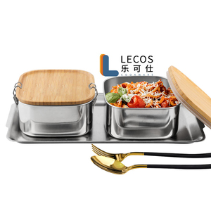 LECOSポータブルスクールスクエアメールプレップスナック食品容器金属製お弁当箱ステンレススチール製お弁当箱竹蓋付き
