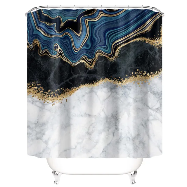 Navy Blue Luxury Marble Shower Curtain Set withToilet Seat Cover Silhouette Rug and Bath Mat Bathroom Decorative Set