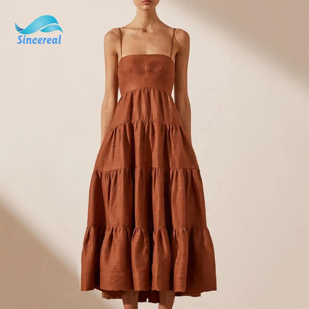 Vestido Midi informal de lino con cuello halter para mujer, de color liso ropa de verano, con volantes