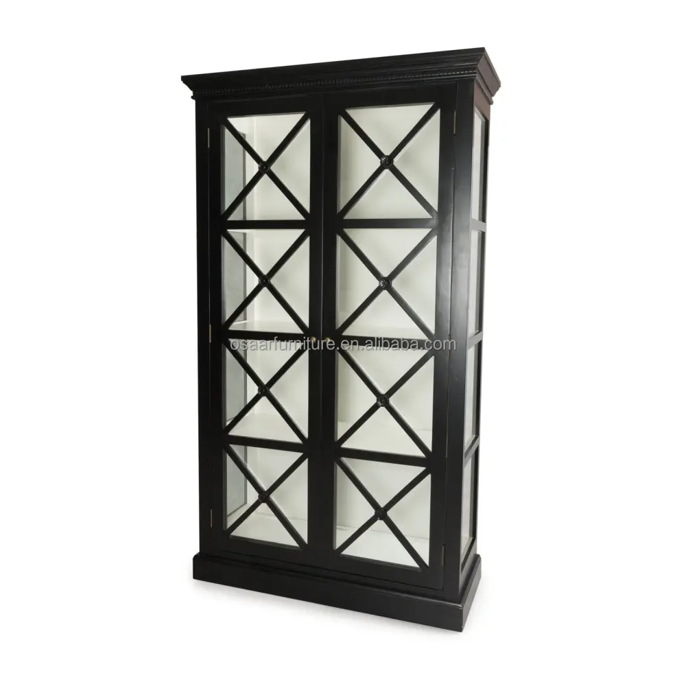 European Style Living Room Furniture Black and White Wooden Glass Display Cabinet