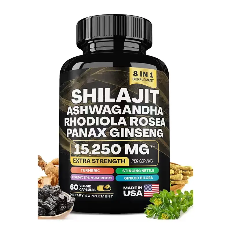 Cápsulas de extrato de Shilajit para aumento da força masculina, cápsulas com 85 minerais originais com etiquetas personalizadas, cápsulas de suporte para o cérebro do Himalaia