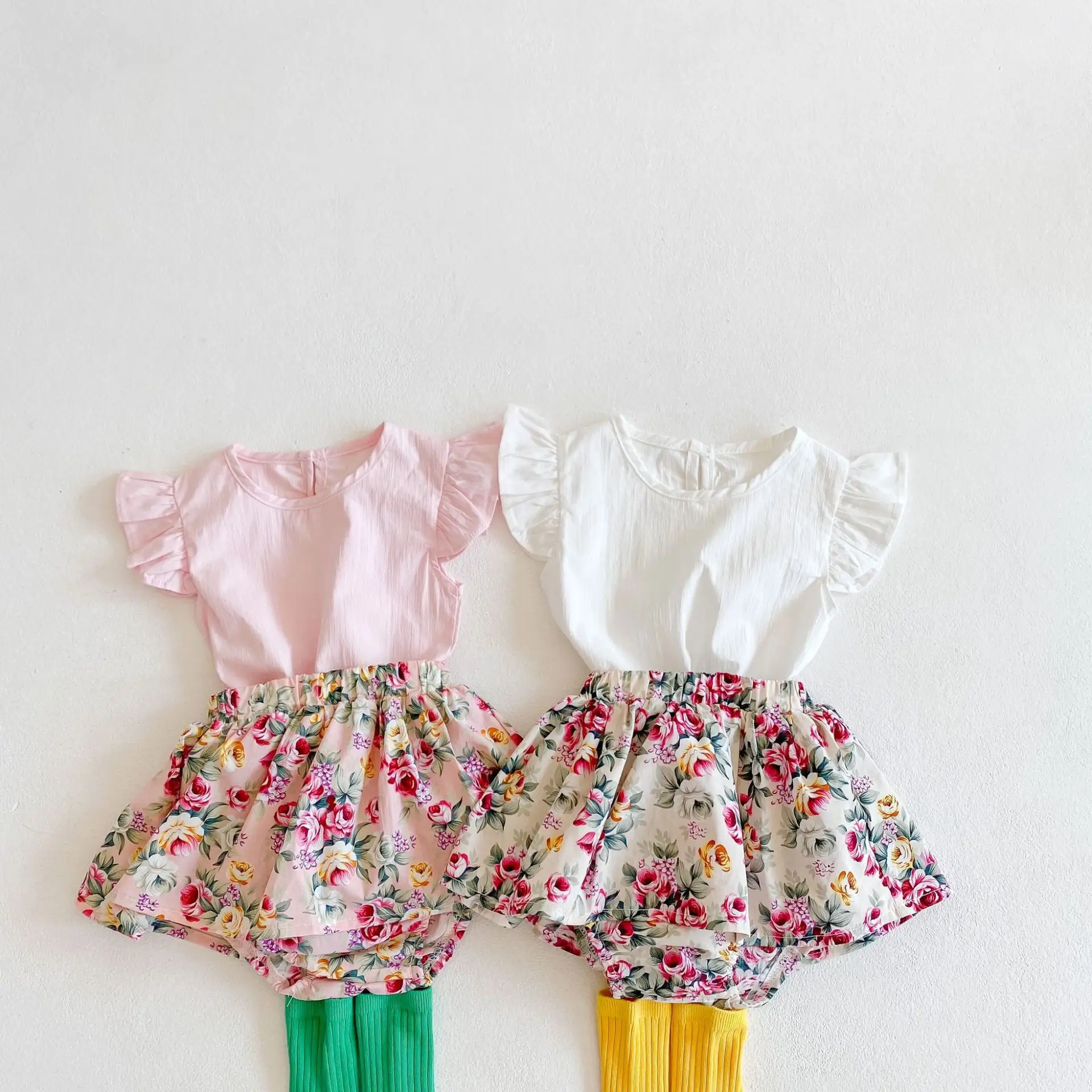 Pp96090 conjunto de roupas infantis, camisa de verão para crianças, camisa de flor, saia, conjuntos de roupas para meninas, bebês, roupas casuais