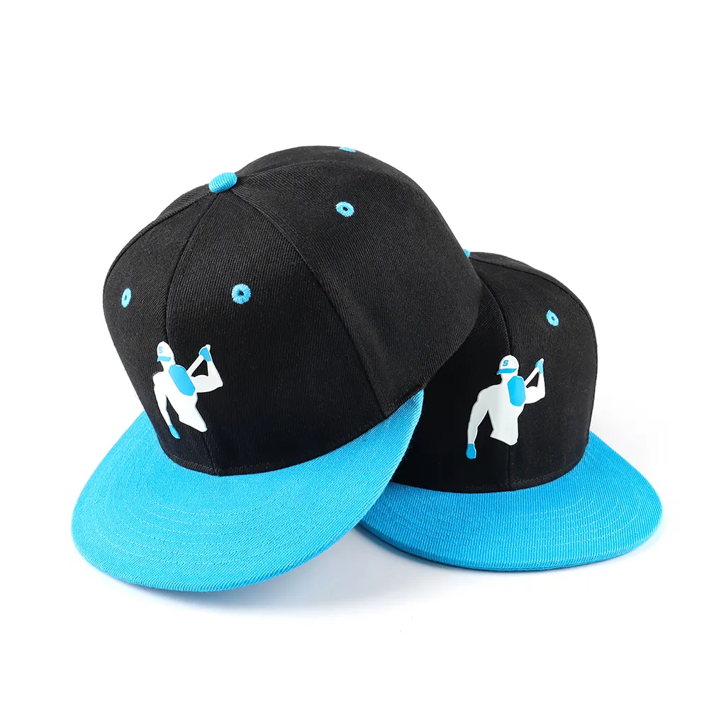 Custom 6 pannello nero acrilico chiuso posteriore Flex Fit Gorras cappello montato in gomma PVC Logo blu Underbrim Hip Hop cappellino Snapback