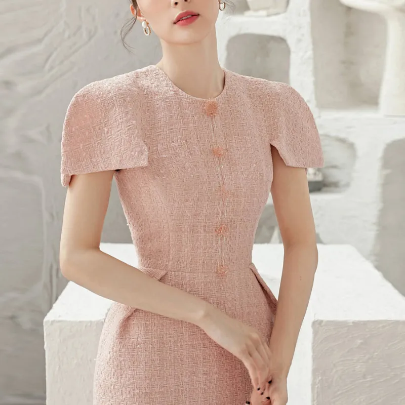 Vestido elegante de Tweed rosa para mujer, vestido de cena de manga corta de cintura alta, vestido de banquete Formal elegante de línea A para mujer