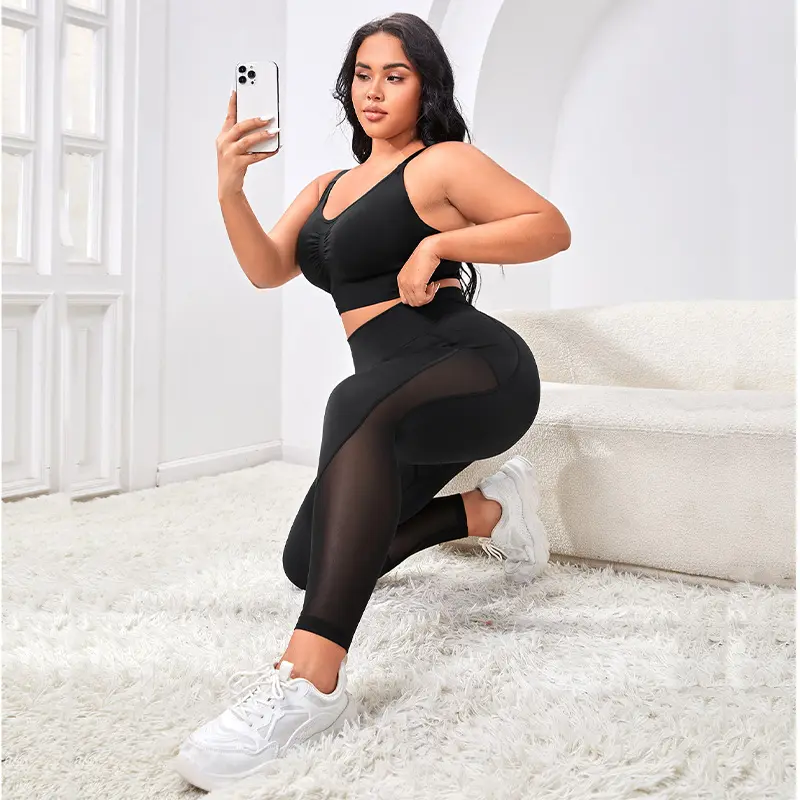 Tinta unita a vita alta Fitness palestra Sport allenamento Sexy in rete 3XL Plus Size pantaloni Pocket Yoga Leggings da donna