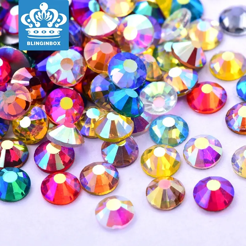 Venta al por mayor de la fábrica de cristal brillante AB Color de vidrio no arreglo caliente arte de uñas de diamantes de imitación para uñas DIY Decoración
