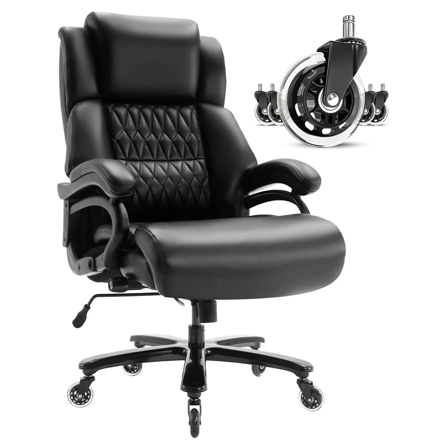 Kursi kantor bos hitam roda karet senyap tugas berat dasar logam besar dan tinggi 400lbs kursi meja eksekutif besar