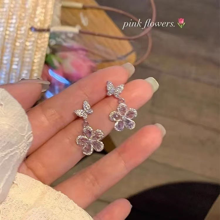 Boucles d'oreilles zircon fleur rose