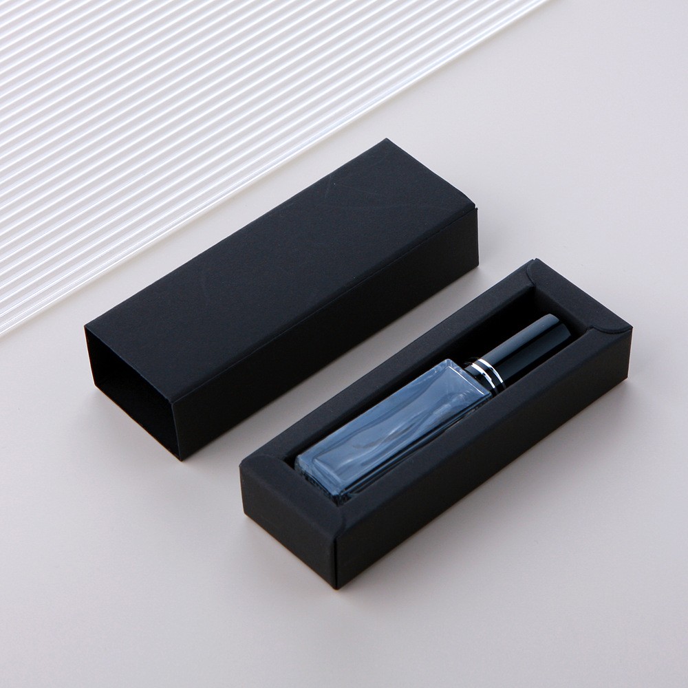 Botella pulverizadora de vidrio transparente + tapa negra de doble línea + caja negra