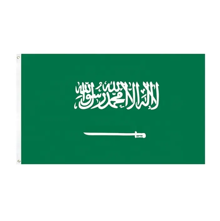 Bandeiras estampadas de tela qatar preço barato, malha tecido 100% poliéster árabe saudita bandeira nacional