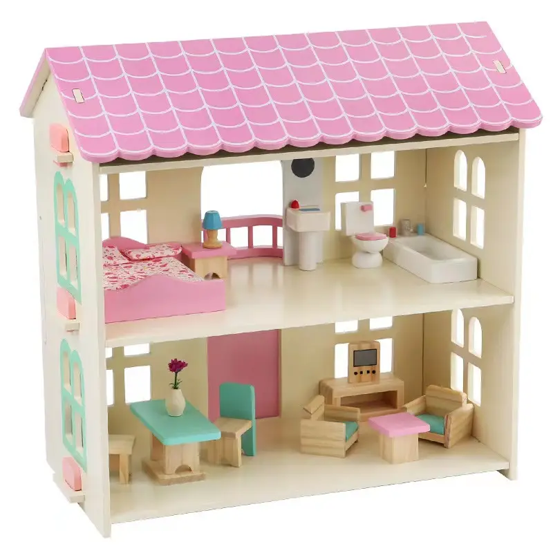 Nuovi blocchi di costruzione di Design rosa bambini in legno fai da te bambola Villa casa mobili finta gioca giocattoli