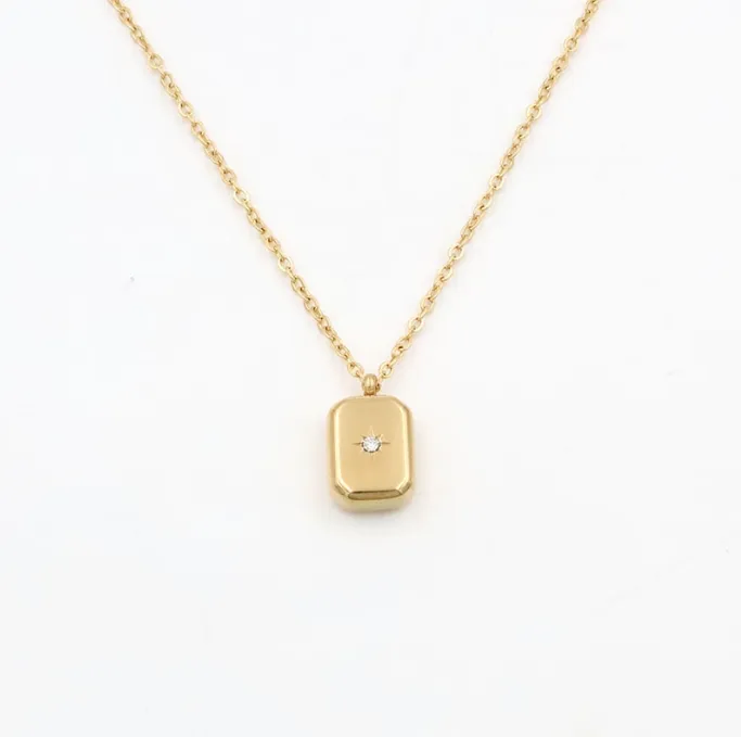 New Fashionable Stainless Steel Gold Plated Geometric Rectangle North Star Zircon Pendant Necklace Jewelry