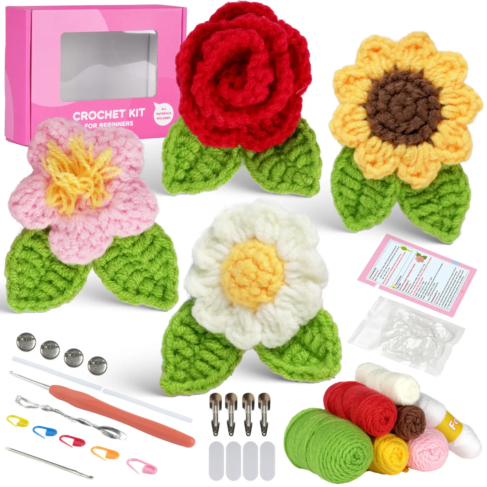 Nuevos suministros de ganchillo de flores para niños, pinza de pelo DIY, Kit para principiantes de ganchillo con instrucciones