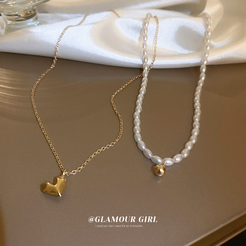 19heart-shaped pearl necklace-2-piece set