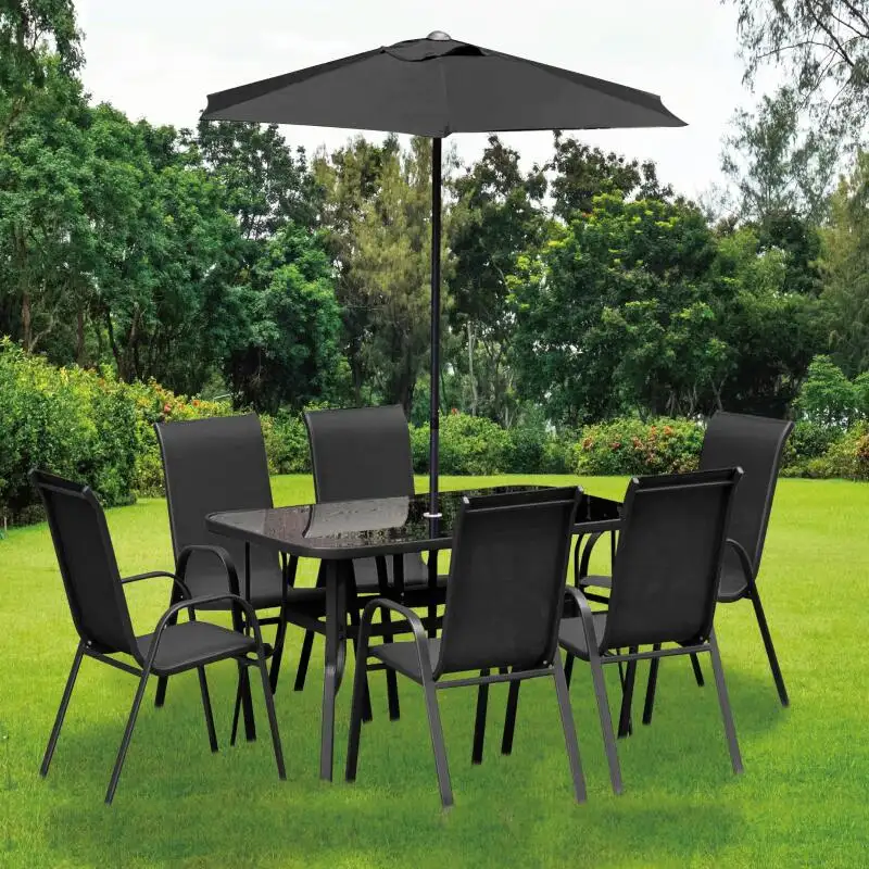 Promotion Outdoor Patio Esstisch und 6 stapelbare Stühle Möbel Set mit Regenschirm