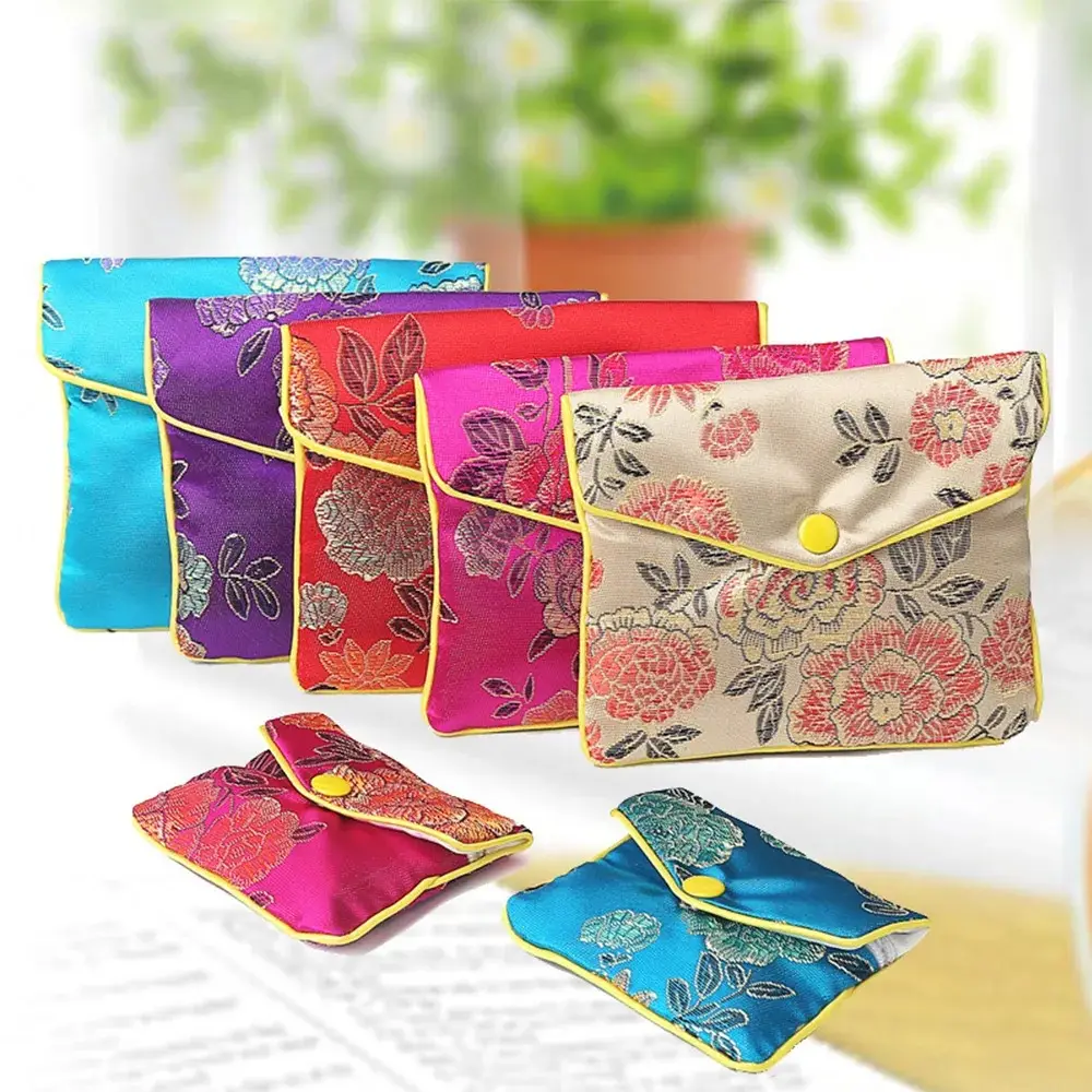 Offre Spéciale Style chinois broderie fermeture éclair petite pochette à bijoux en soie Satin pochette cadeau sacs Snap Case Satin porte-monnaie