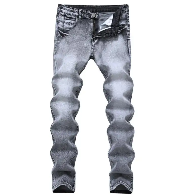 Hip Hop Streetwear Slim Fit Herren-Jeans ohne Riss Graue Farbe Denim Distressed Skinny Jeans Stretch-Jeans für Herren