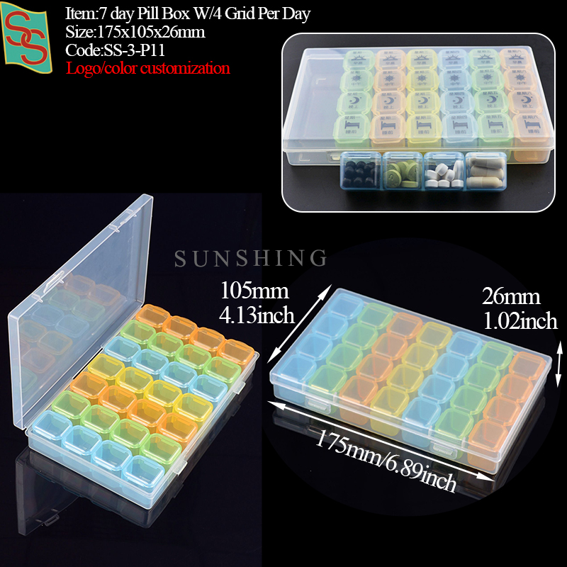 P11 7 day Pill Box W/4 Grid Per Day