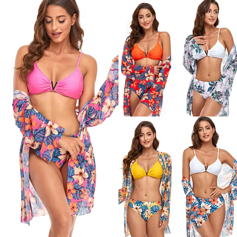 2024 nuevo traje de baño dividido de malla con estampado Floral chal Bikini de tres piezas, adecuado para ocasiones de playa y natación