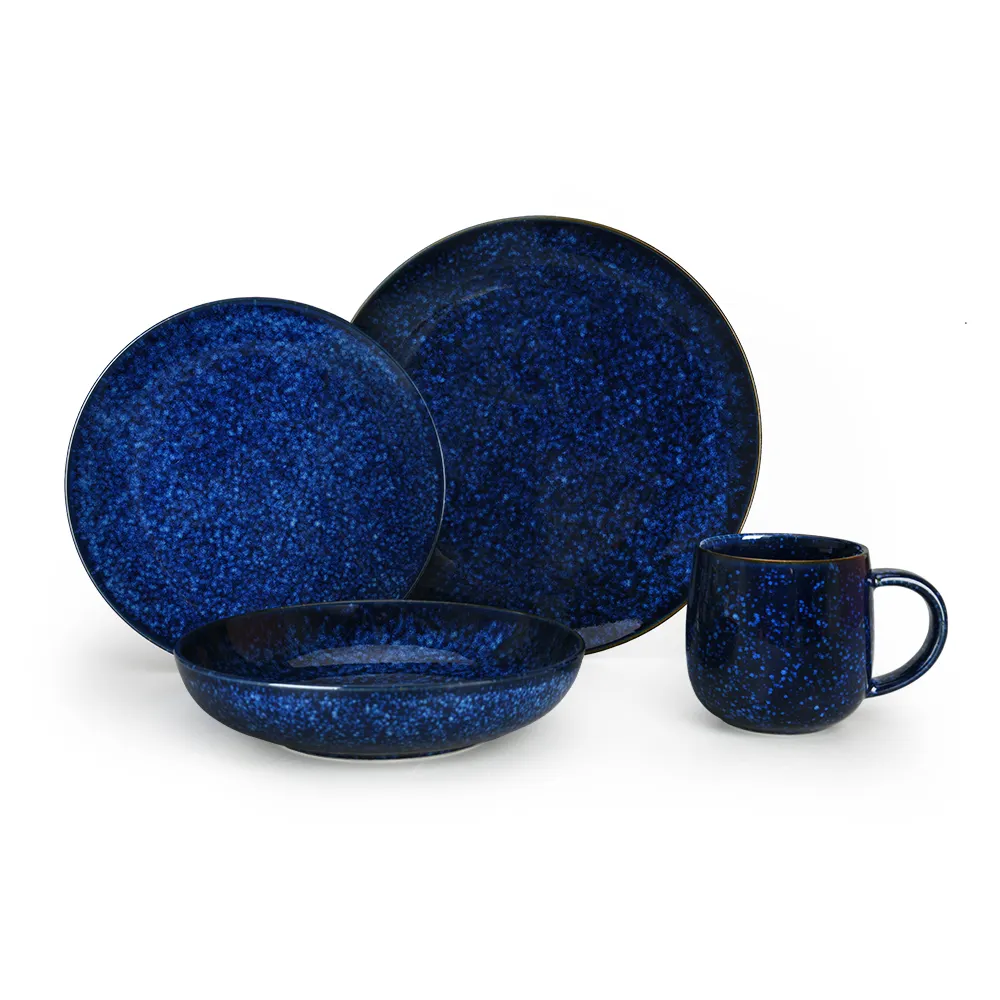 Оптовая продажа, индивидуальная посуда Stoneware16 штук, синий реактивный керамический обеденный набор