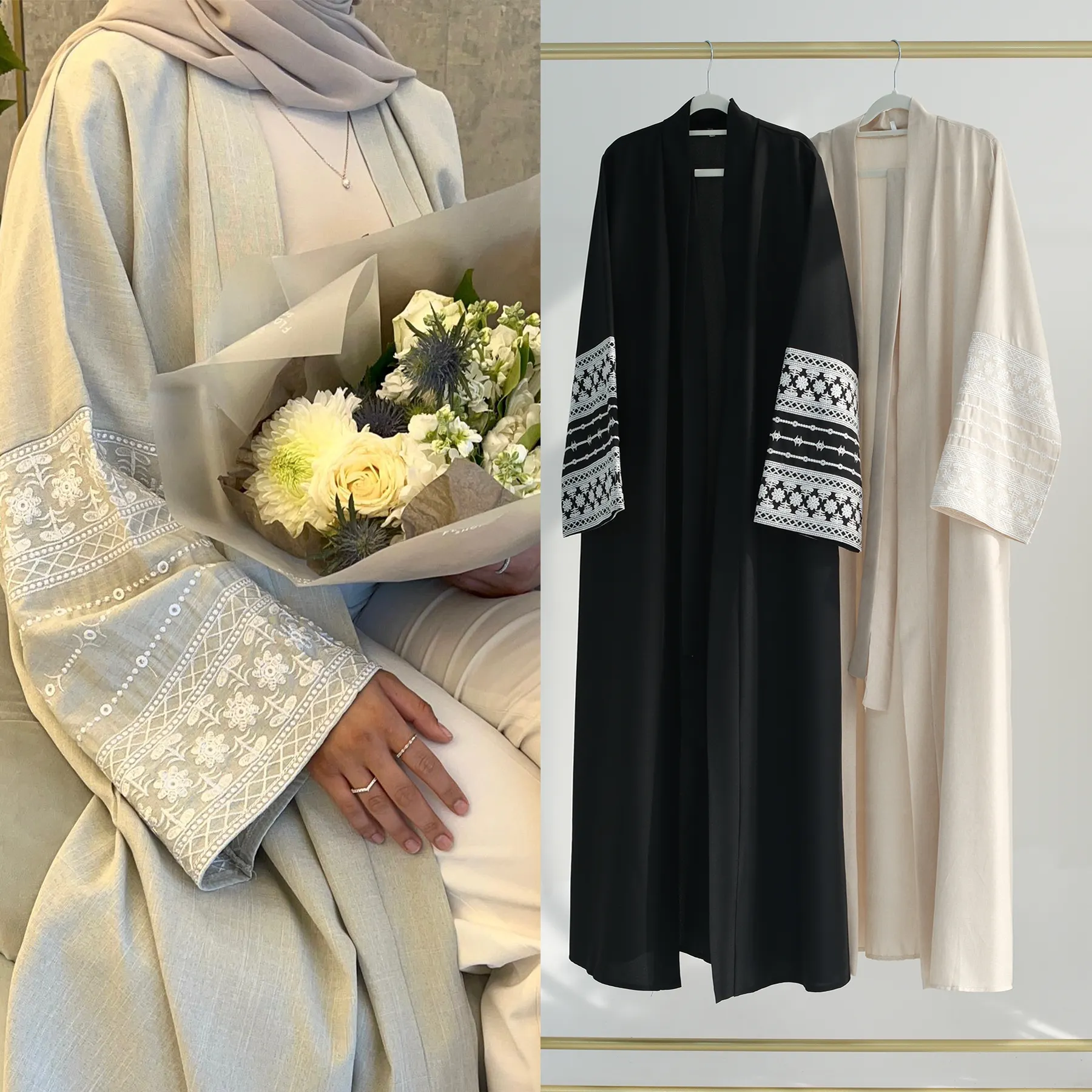 Loriya nuevo bordado Lino abierto Abaya Femmes túnica musulmane Dubai Abaya ropa islámica Modest Black Abaya