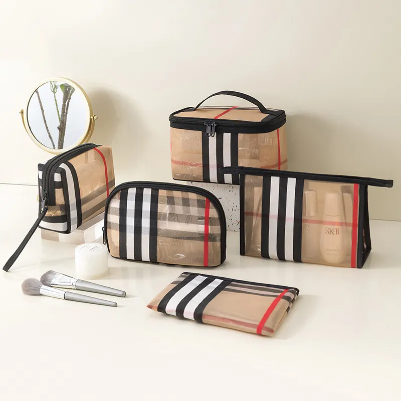 3 pz/set sacchetto cosmetico Vintage Designer PVC Mesh Stripe borse da viaggio impermeabili borsa multifunzionale trasparente per il trucco