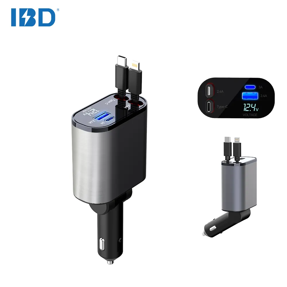 IBD выдвижные кабели и PD usb c порт 4 в 1 зарядные устройства для автомобиля 12 В Быстрая зарядка 60 Вт 100 Вт 120 Вт автомобильное зарядное устройство для iPhone