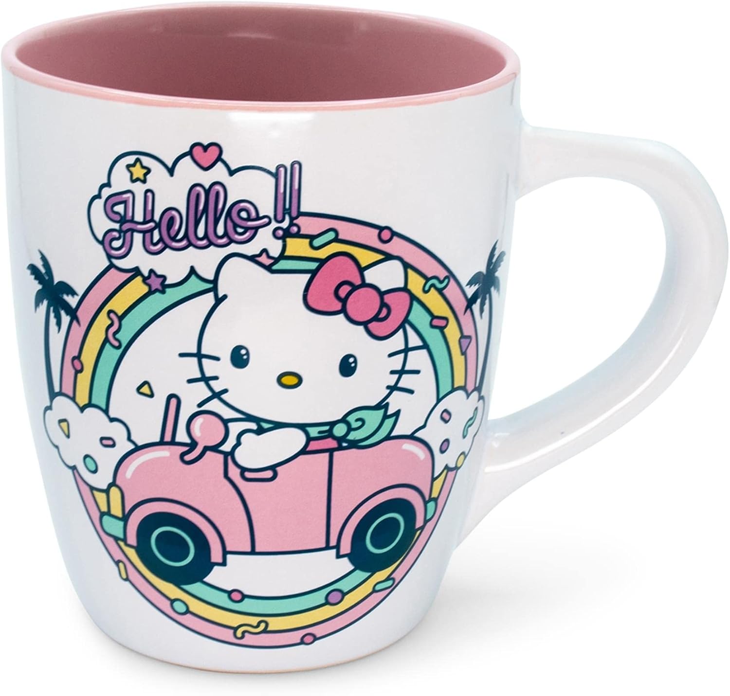 Sanrio Hello Kitty conduciendo en coche bajo el arco iris