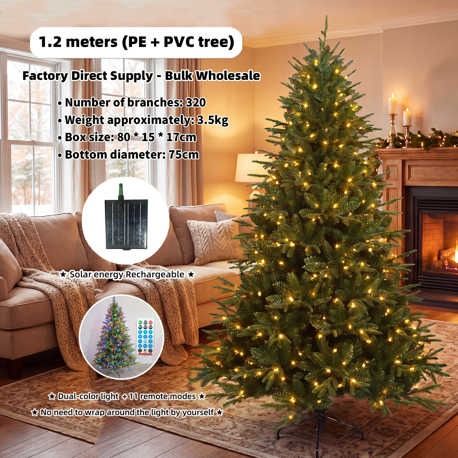 4FT 320T (180 Built-in Lights) Solar Powered