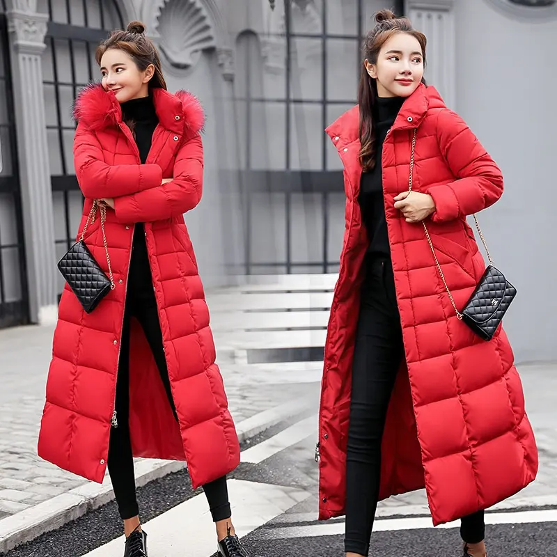 유럽 패션 스타일 최신 도착 우아한 여성 겨울 코트 큰 모피 칼라 긴 이상 두꺼운 슬림 다운 코튼 재킷