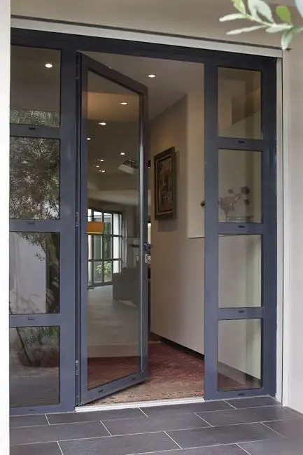 Pintu keamanan pintu masuk warna hitam, pintu Pivot depan, pintu masuk Modern dengan Pivot, pintu luar ruangan