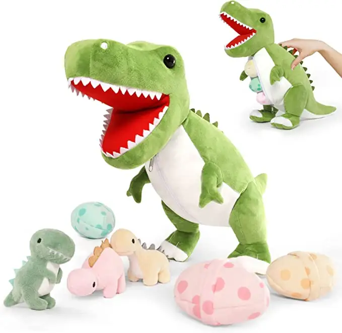 Fabricante al por mayor, dinosaurio de peluche, muñeco de peluche, dinosaurio y 3 dinosaurios pequeños, peluche de peluche personalizado