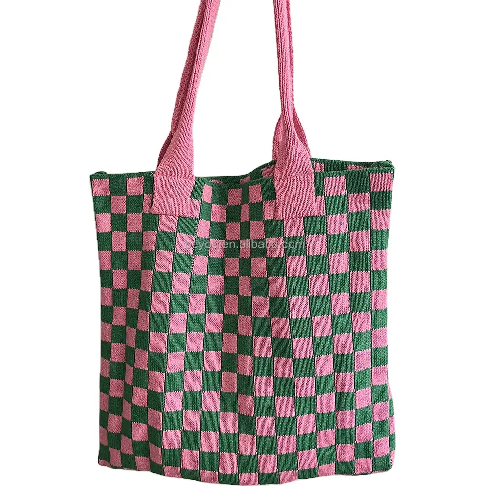 Borsa da donna a scacchiera rosa verde moda per tutte le stagioni Casual in maglia a quadri borse della spesa a tracolla borse a tracolla